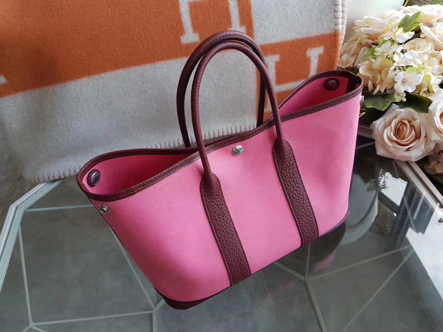 Hermès（爱马仕）Garden Party 花园包 帆布拼牛皮 8w新唇膏粉拼爱马仕红 30Cm