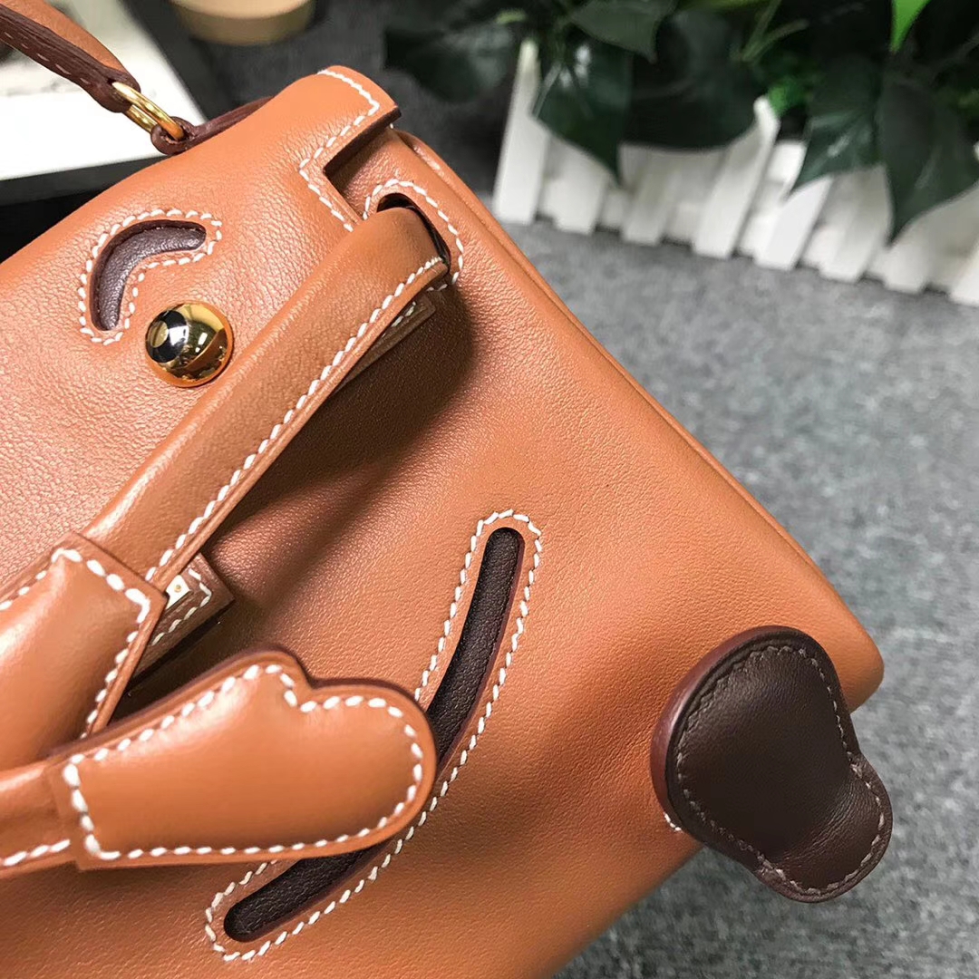 Hermès（爱马仕）金棕拼咖啡 原厂御用顶级Swift 皮 Kelly doll  金扣 现货