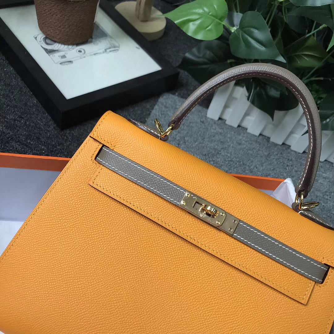 Hermès（爱马仕）9V太阳金黄拼大象灰 原厂御用顶级Epsom 皮 Kelly 25 外缝 金扣