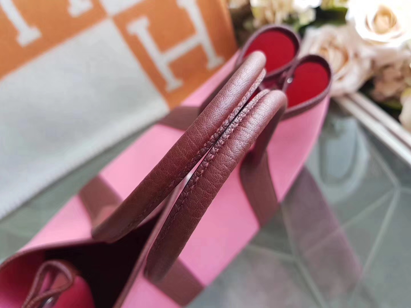 Hermès（爱马仕）Garden Party 花园包 帆布拼牛皮 8w新唇膏粉拼爱马仕红 30Cm