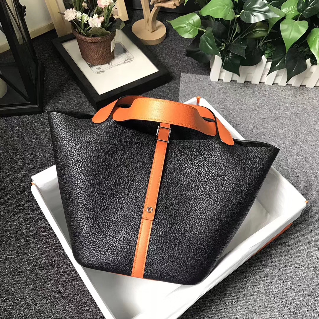 Hermès（爱马仕）CK89 黑色拼橙色 原厂御用顶级TC 皮 Picotin  Lock 22cm 银扣
