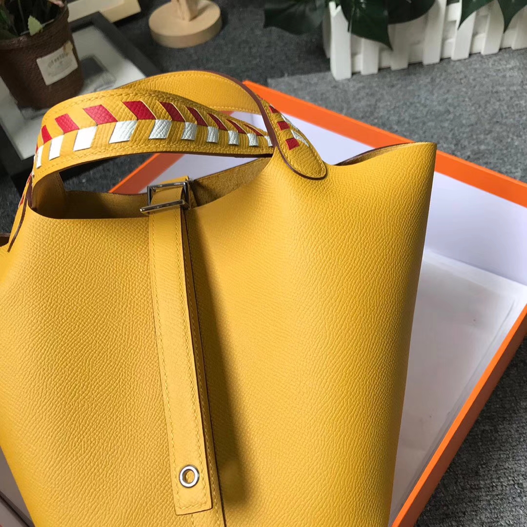 Hermès（爱马仕）9D琥珀黄 编织手腕 原厂御用顶级Epsom 皮 Picotin Lock 18cm 银扣