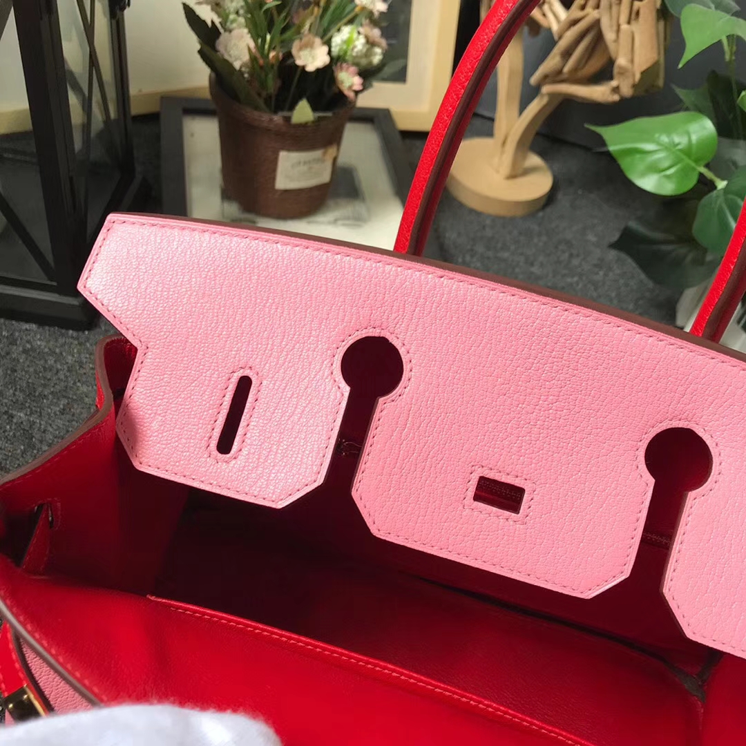 Hermès（爱马仕）1Q奶昔粉拼S5番茄红 原厂御用顶级山羊皮 Birkin 30 金扣