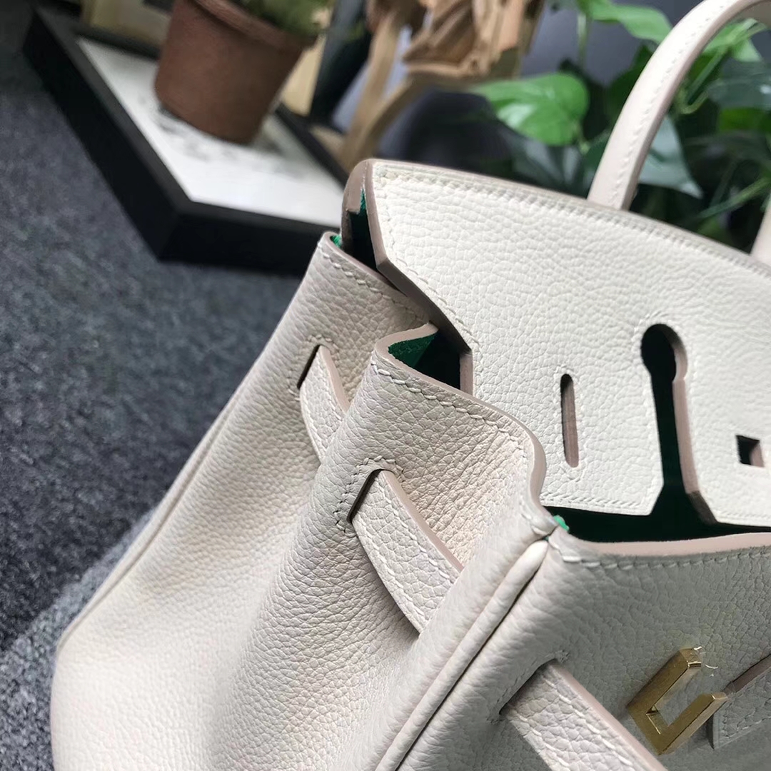 Hermès（爱马仕）奶昔白内拼U4丝绒绿 原厂御用顶级小牛皮 Birkin 25 金扣