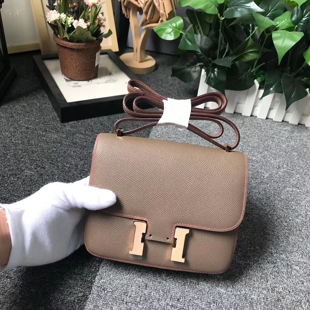 Hermès（爱马仕）大象灰拼琥珀黄 原厂御用顶级Epsom 皮 Constance 19 玫瑰金扣