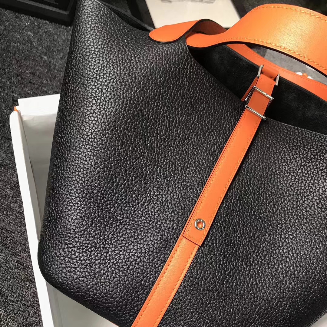 Hermès（爱马仕）CK89 黑色拼橙色 原厂御用顶级TC 皮 Picotin  Lock 22cm 银扣