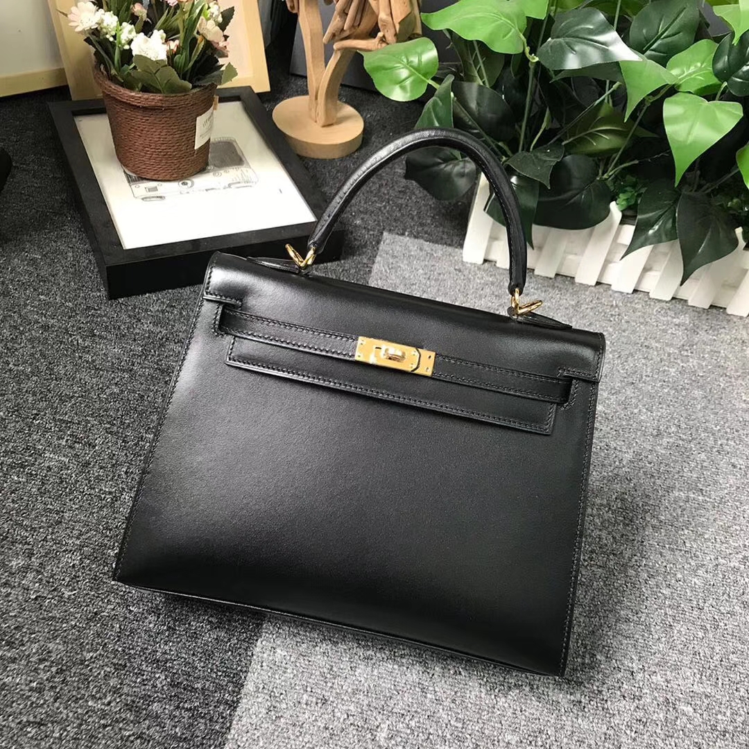 Hermès（爱马仕）黑色 原厂御用顶级Box 皮 Kelly 25 外缝 金扣