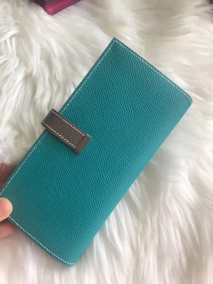Hermès（爱马仕）bearn长款 原装等级进口epsom皮 孔雀蓝拼大象灰