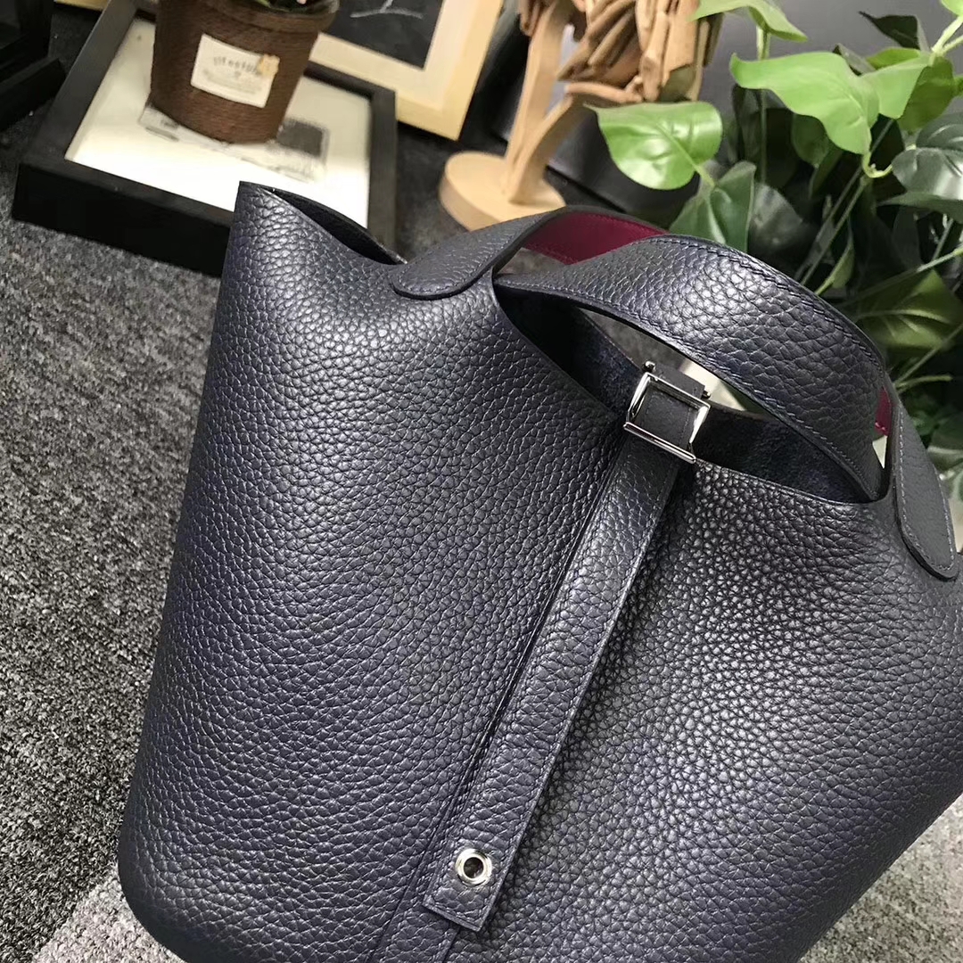 Hermès（爱马仕）午夜蓝拼玫瑰紫 原厂御用顶级TC 皮 Picotin  Lock 18cm 银扣