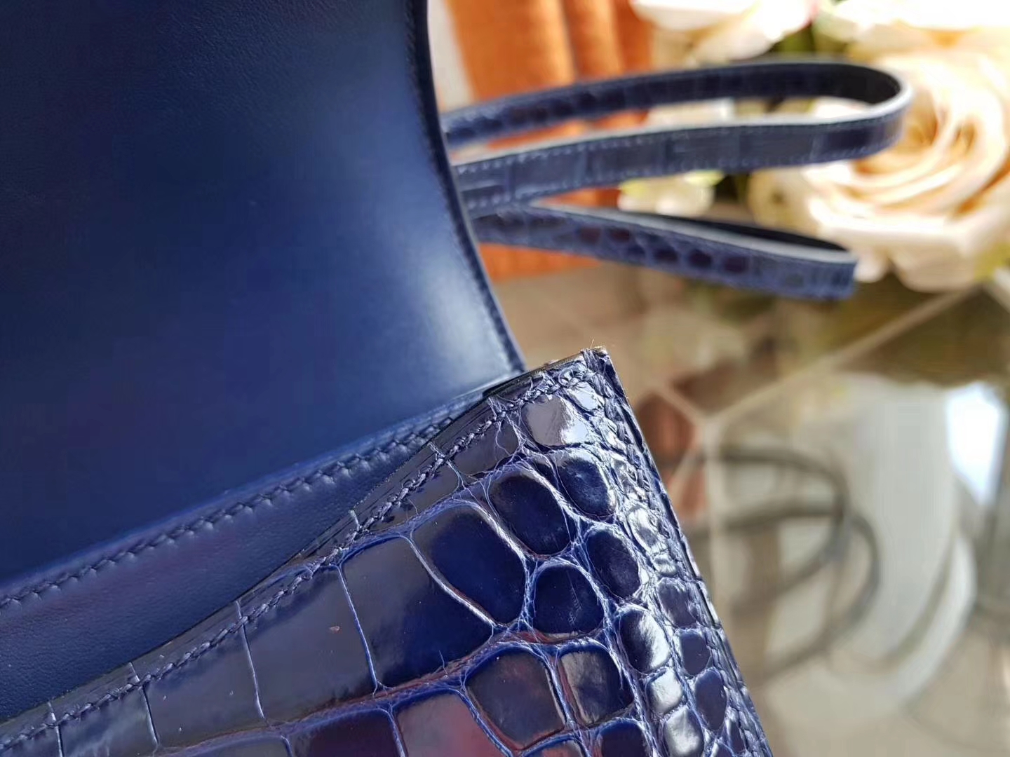 Hermès（爱马仕）constance空姐包 19cm 尼罗 亮面  宝石蓝 银扣 现货