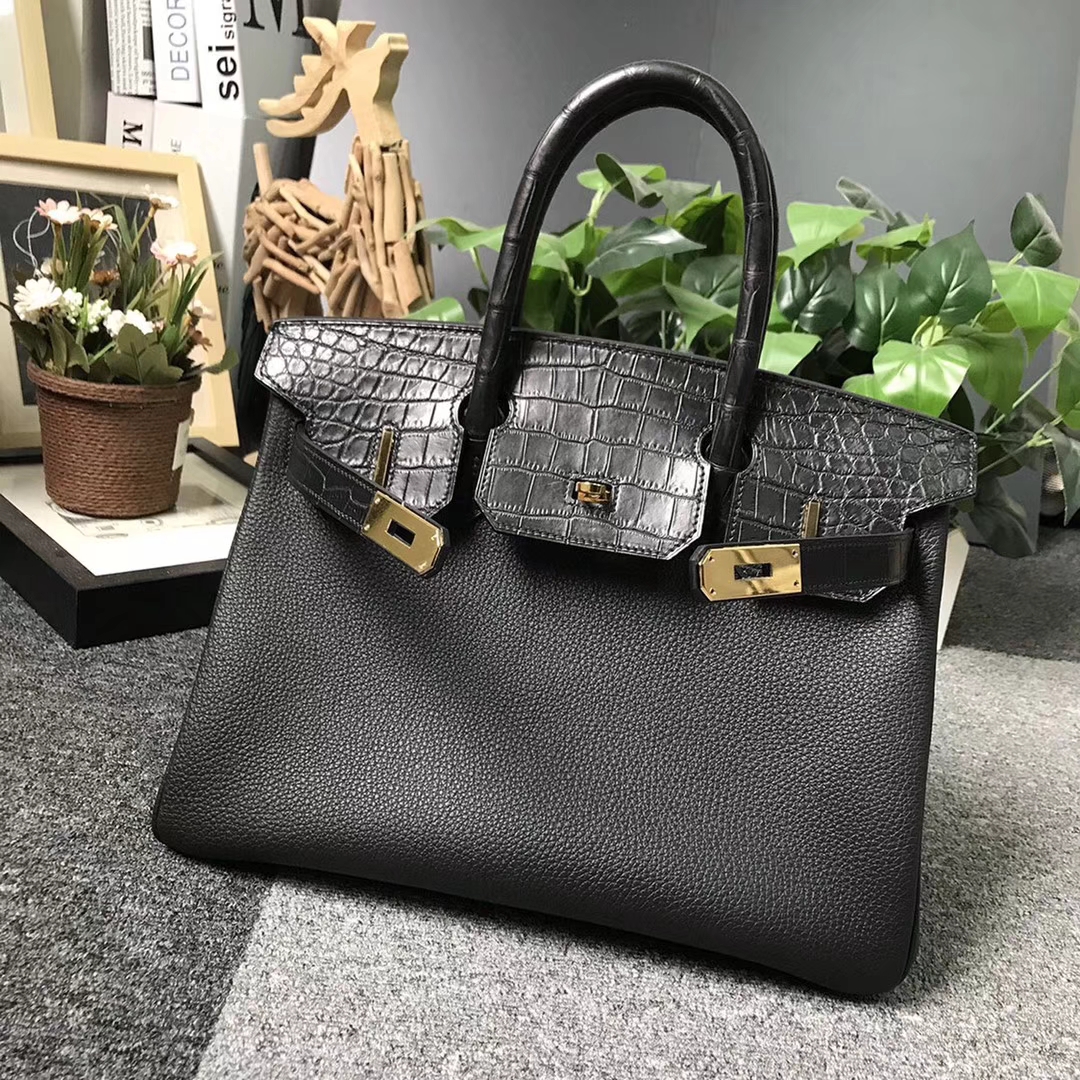 Hermès（爱马仕）CK89 黑色 原厂御用顶级小牛皮拼鳄鱼皮 Birkin 30 金扣