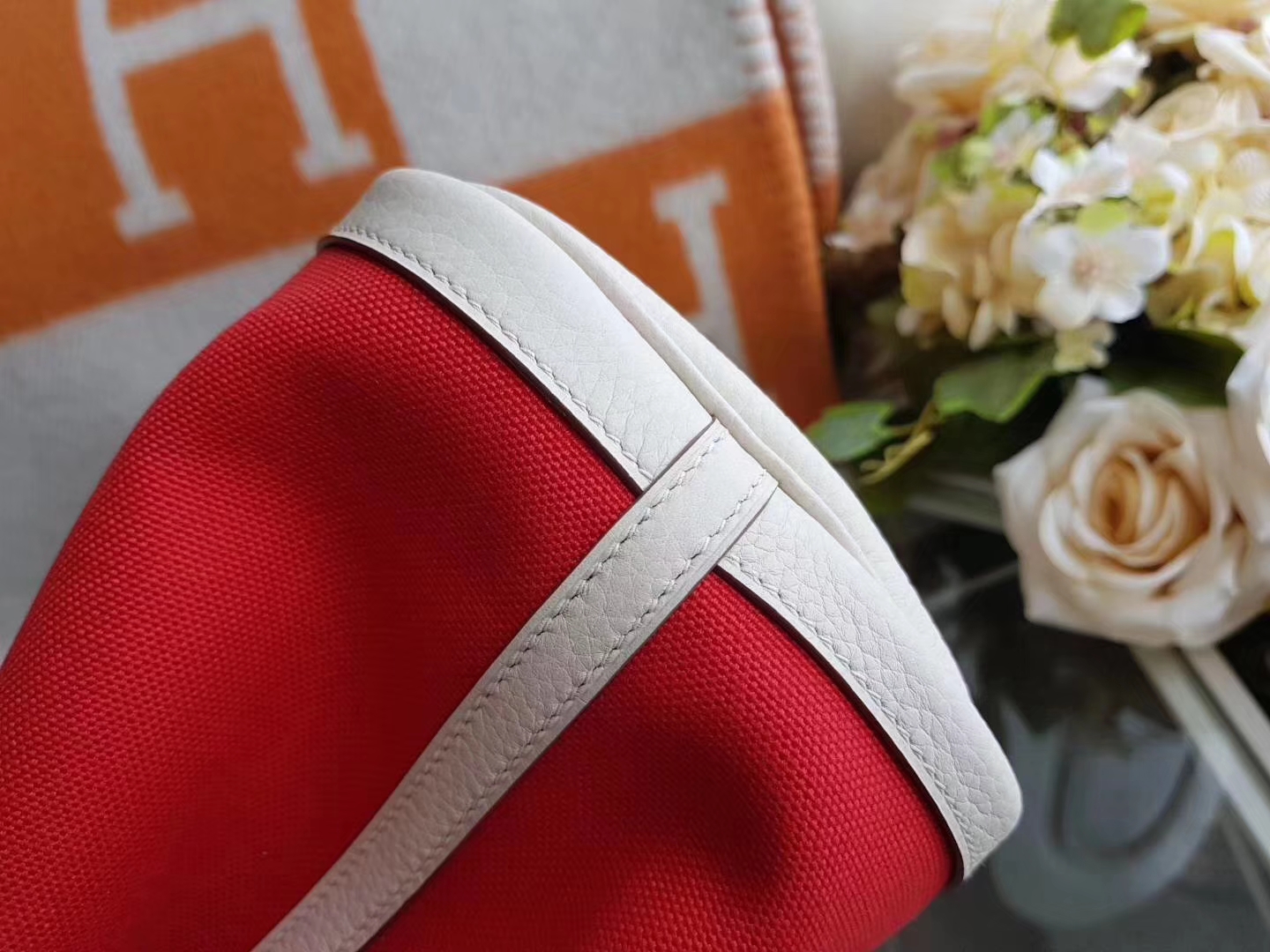 Hermès（爱马仕）Garden Party 花园包 帆布拼牛皮 s5番茄红拼奶昔白 30Cm