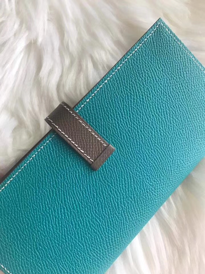 Hermès（爱马仕）bearn长款 原装等级进口epsom皮 孔雀蓝拼大象灰