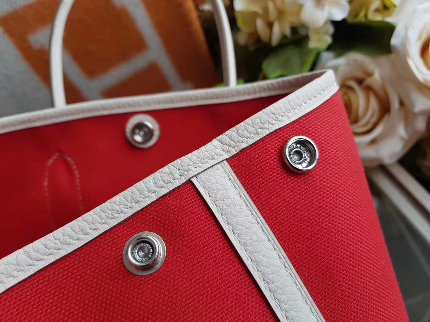 Hermès（爱马仕）Garden Party 花园包 帆布拼牛皮 s5番茄红拼奶昔白 30Cm