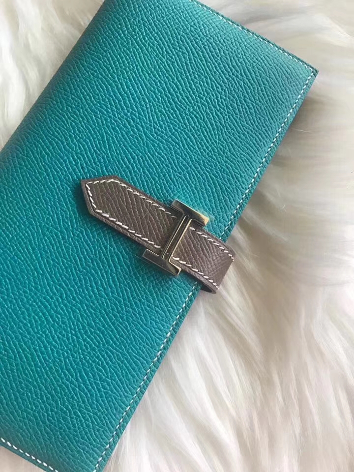 Hermès（爱马仕）bearn长款 原装等级进口epsom皮 孔雀蓝拼大象灰