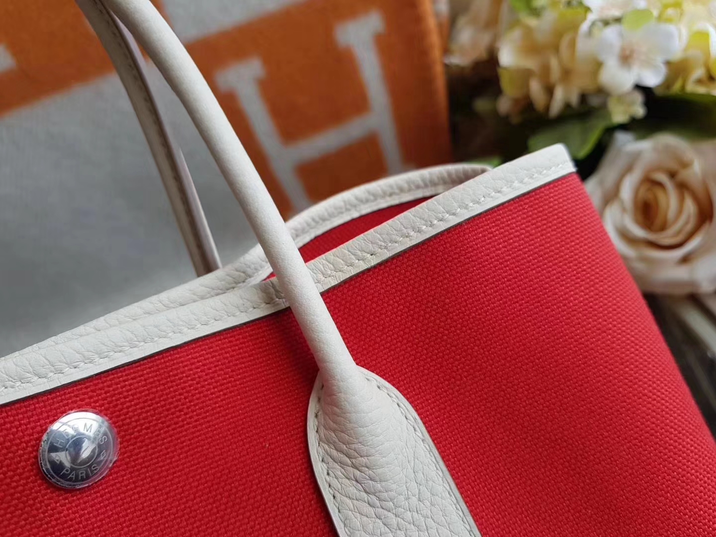 Hermès（爱马仕）Garden Party 花园包 帆布拼牛皮 s5番茄红拼奶昔白 30Cm