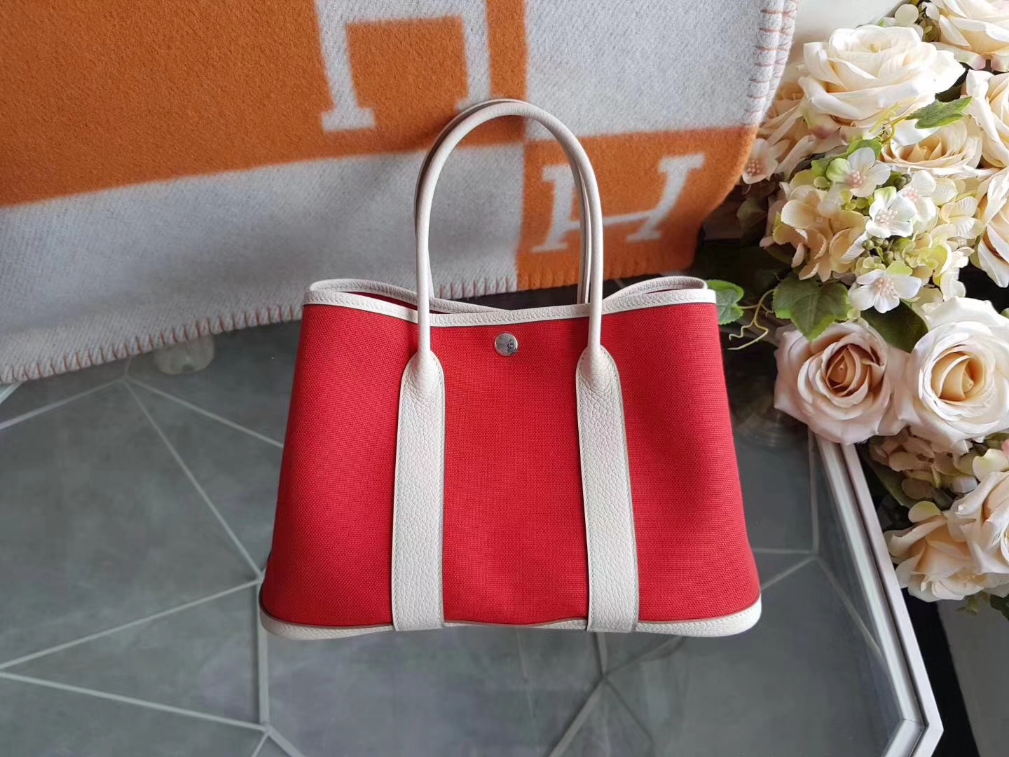 Hermès（爱马仕）Garden Party 花园包 帆布拼牛皮 s5番茄红拼奶昔白 30Cm