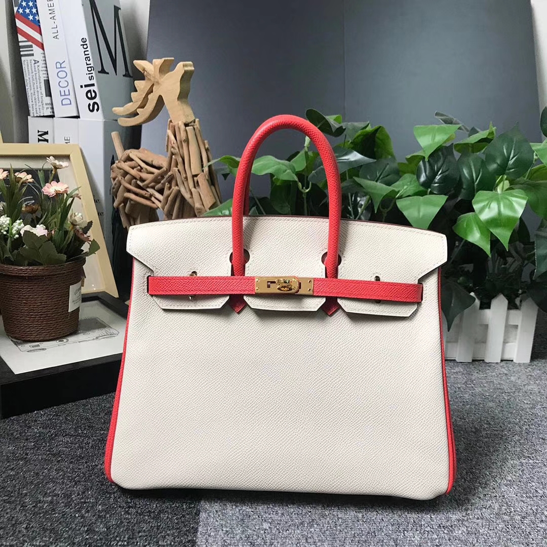 Hermès（爱马仕）奶昔白拼斋普尔粉 原厂御用顶级Epsom 皮 Birkin 25 金扣