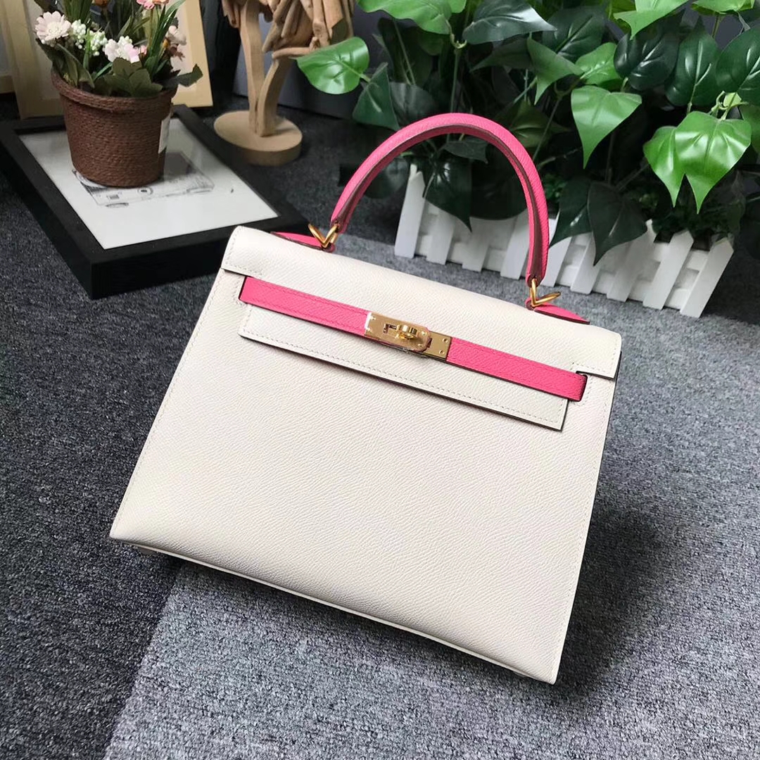 Hermès（爱马仕）奶昔白拼8W新唇膏粉 原厂御用顶级Epsom 皮 Kelly 25 外缝 拉丝金扣