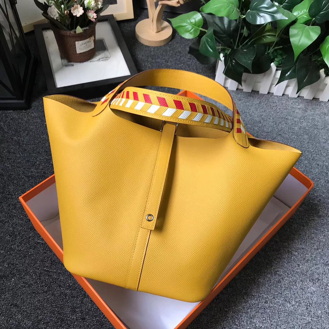 Hermès（爱马仕）9D琥珀黄 编织手腕 原厂御用顶级Epsom 皮 Picotin  Lock 22cm 银扣