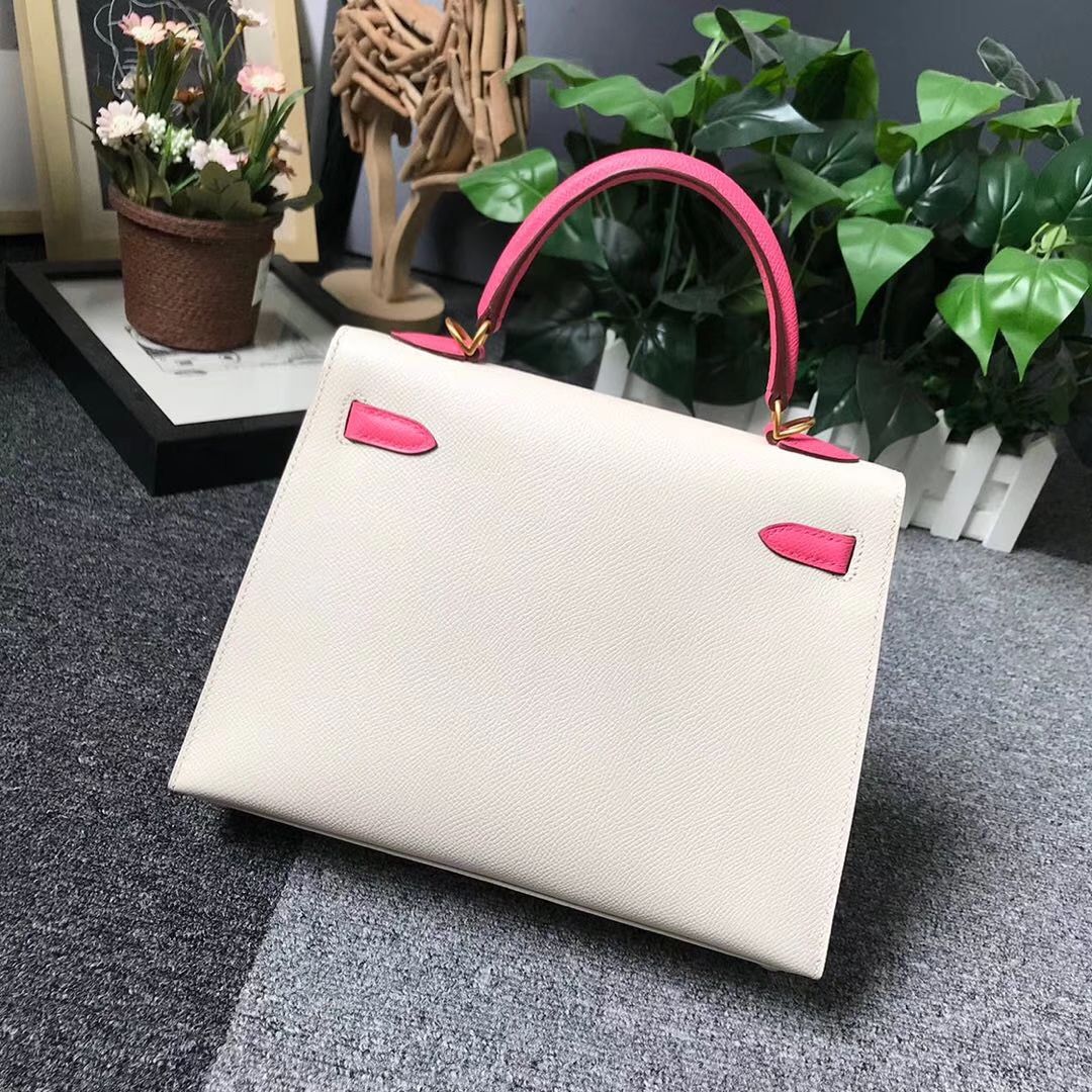 Hermès（爱马仕）奶昔白拼8W新唇膏粉 原厂御用顶级Epsom 皮 Kelly 25 外缝 拉丝金扣