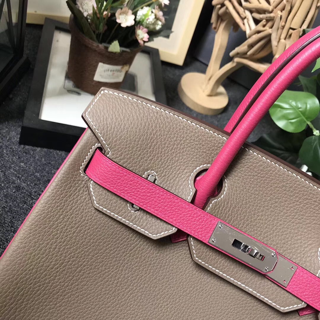Hermès（爱马仕）CK18 大象灰拼桃红 原厂御用顶级小牛皮 Birkin 30 银扣