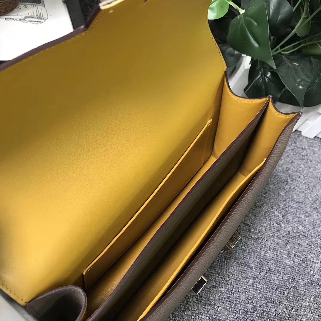 Hermès（爱马仕）Constance空姐包 CK18大象灰内拼9D琥珀黄 原厂御用顶级Epsom 皮 玫瑰金扣 26cm