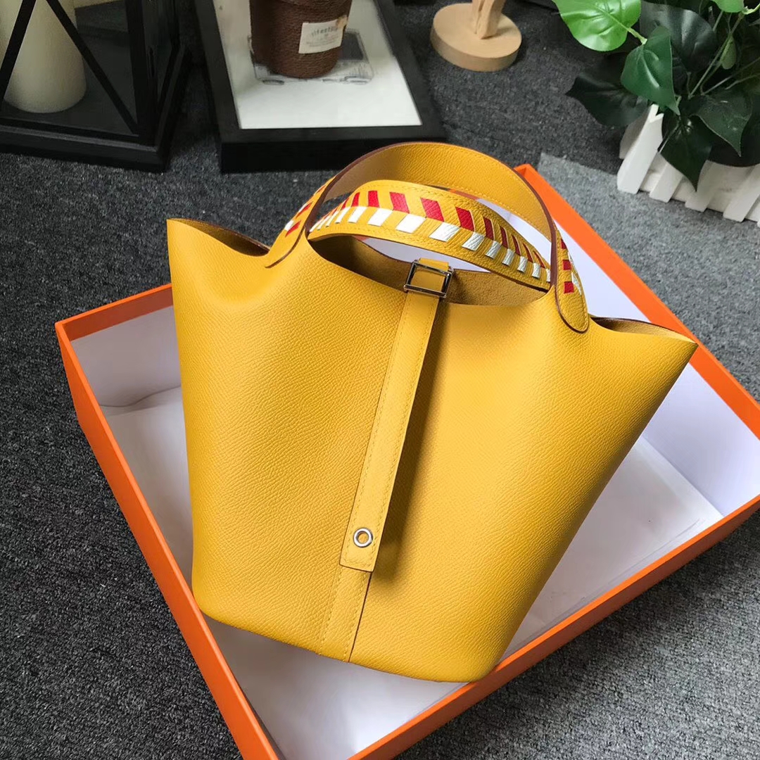 Hermès（爱马仕）9D琥珀黄 编织手腕 原厂御用顶级Epsom 皮 Picotin Lock 18cm 银扣