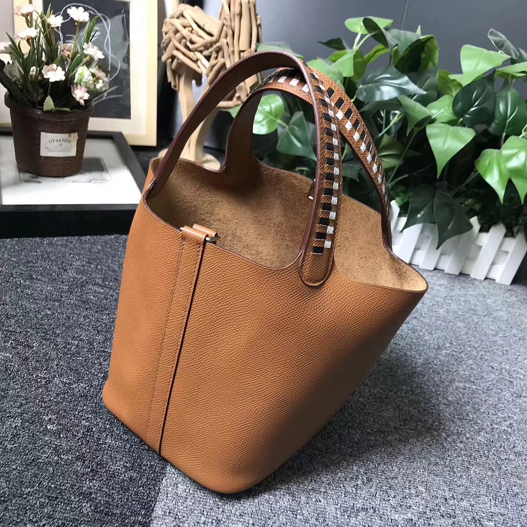 Hermès（爱马仕）C37 金棕色 编织手腕 原厂御用顶级Epsom 皮 Picotin  Lock 18cm 银扣