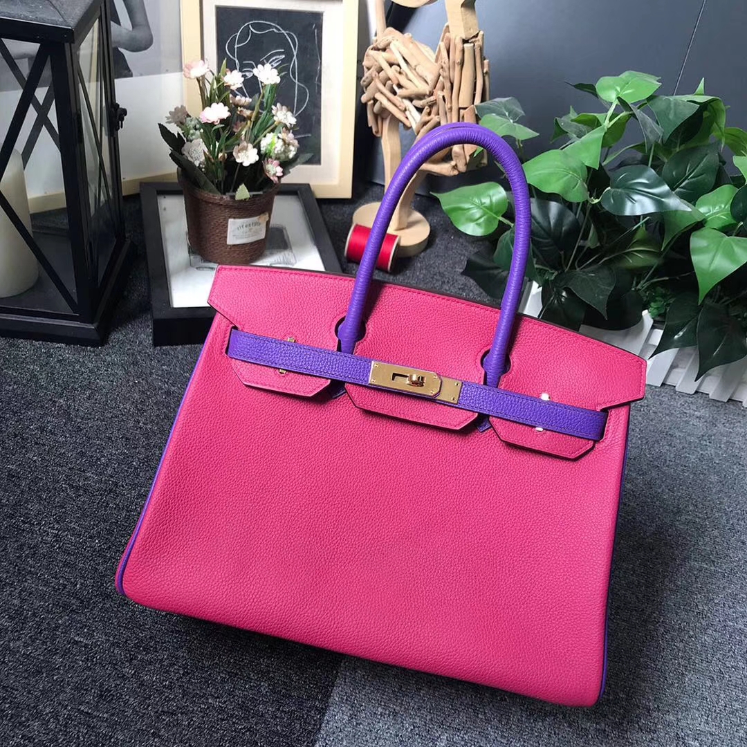 Hermès（爱马仕）5R桃红色拼新梦幻紫 原厂御用顶级小牛皮 Birkin 30 金扣