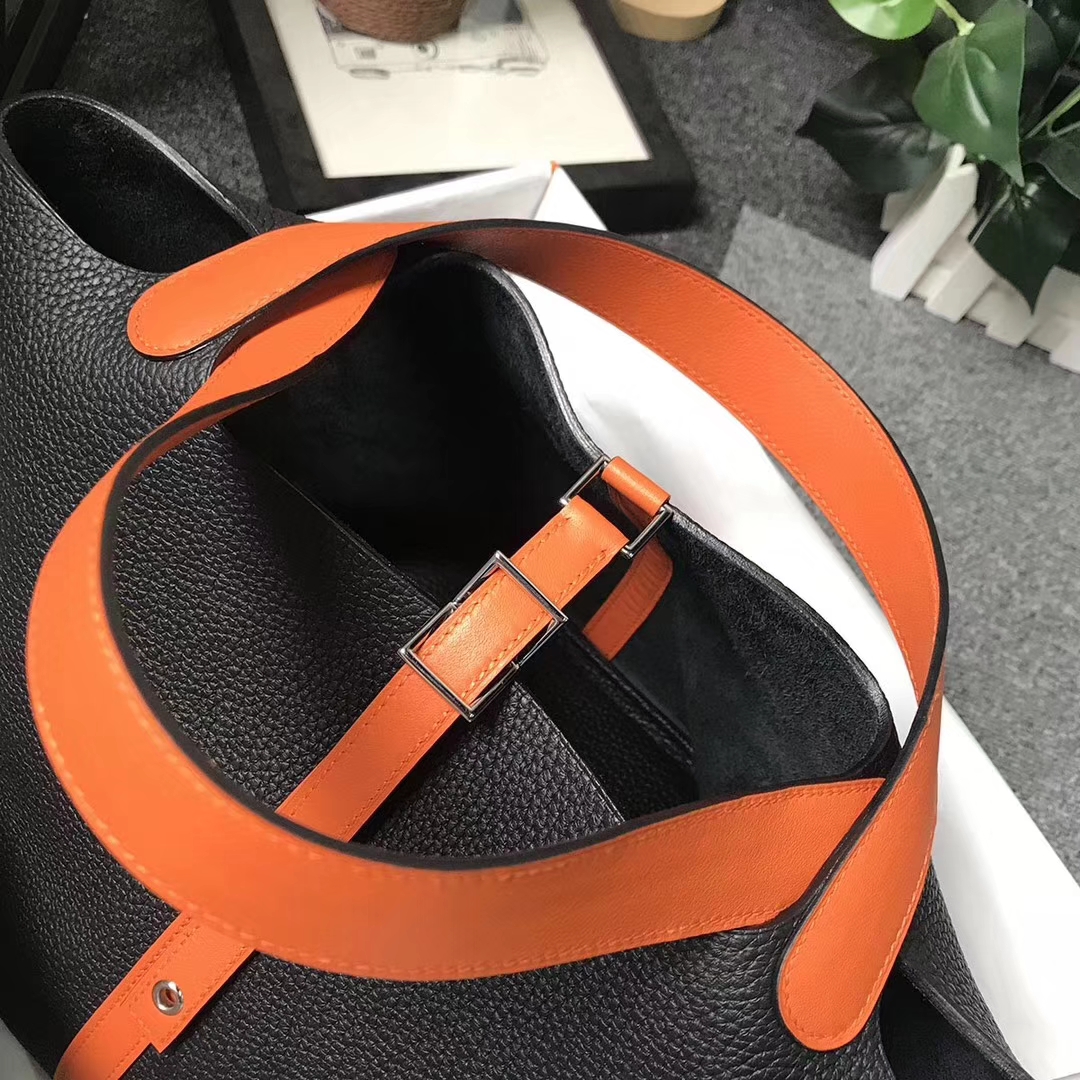 Hermès（爱马仕）CK89 黑色拼橙色 原厂御用顶级TC 皮 Picotin  Lock 22cm 银扣