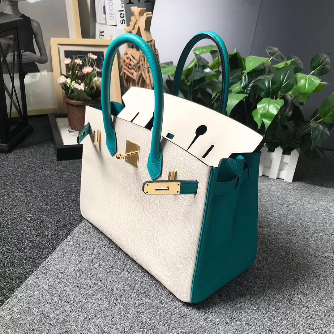 Hermès（爱马仕）奶昔白拼7F孔雀蓝 原厂御用顶级Epsom 皮 Birkin 30 金扣