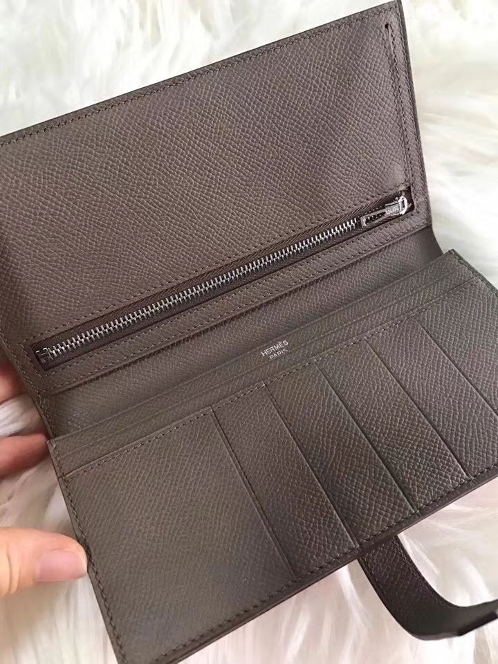 Hermès（爱马仕）bearn长款 原装等级进口epsom皮 斋浦尔粉拼大象灰 现货