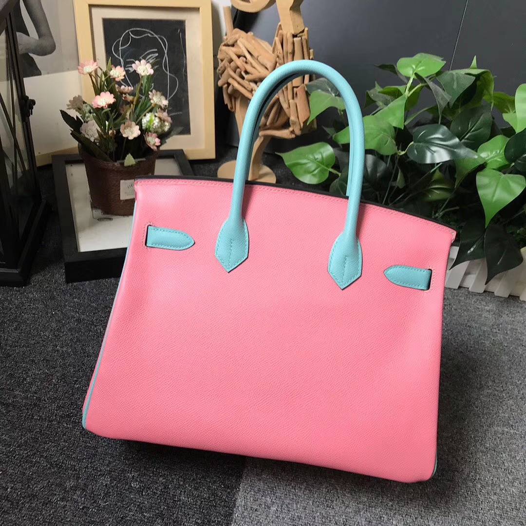 Hermès（爱马仕）1Q奶昔粉拼3P马卡龙蓝 原厂御用顶级Epsom 皮 Birkin 30 金扣