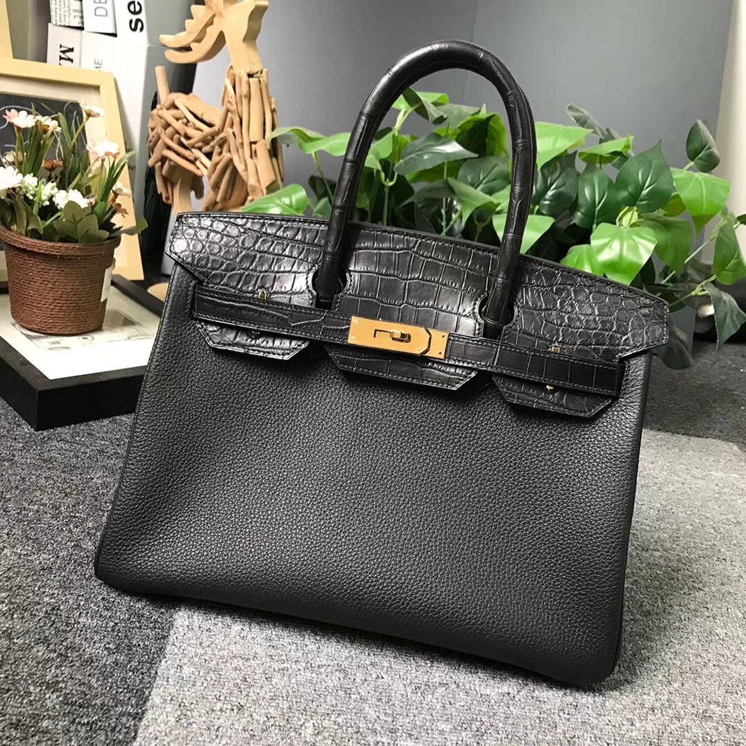 Hermès（爱马仕）CK89 黑色 原厂御用顶级小牛皮拼鳄鱼皮 Birkin 30 金扣