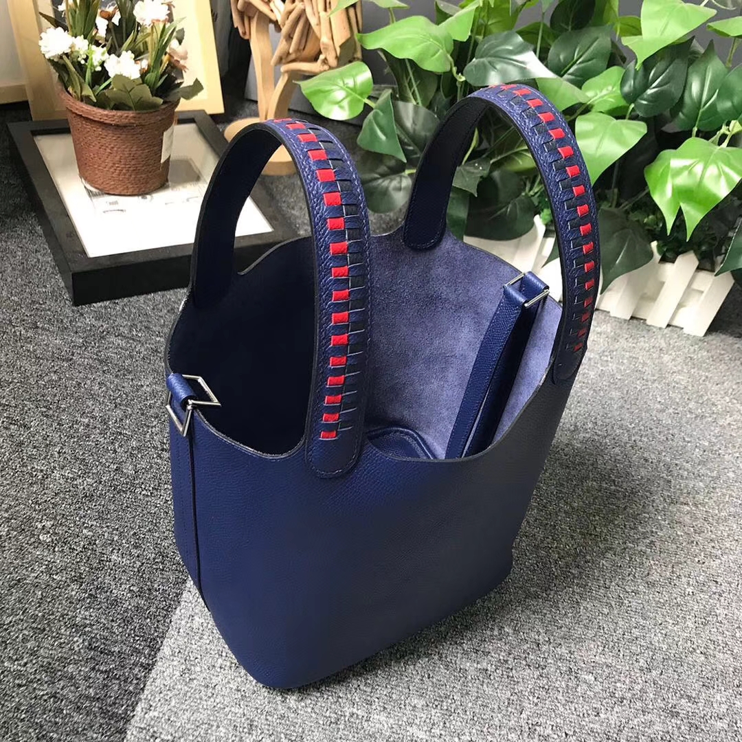 Hermès（爱马仕）琉璃蓝 编织手腕 原厂御用顶级Epsom 皮 Picotin  Lock 18cm 银扣