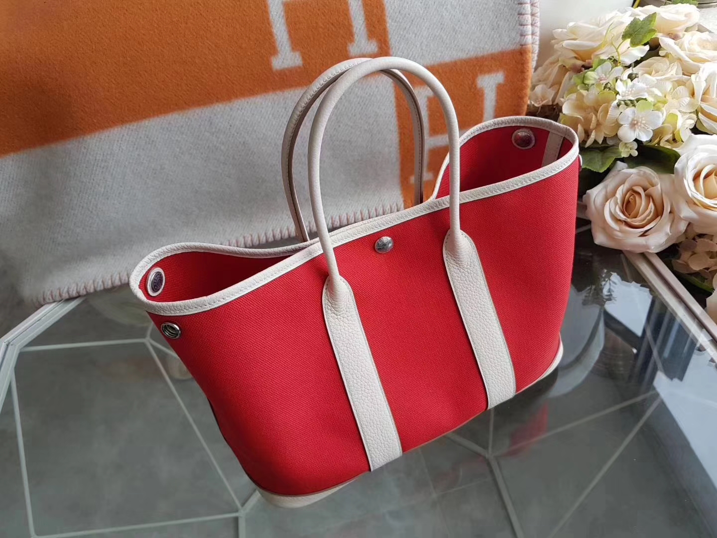Hermès（爱马仕）Garden Party 花园包 帆布拼牛皮 s5番茄红拼奶昔白 30Cm
