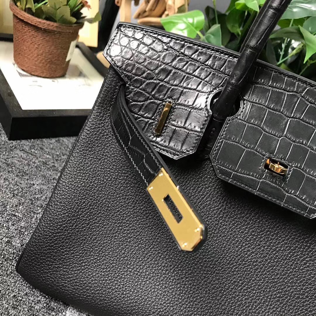 Hermès（爱马仕）CK89 黑色 原厂御用顶级小牛皮拼鳄鱼皮 Birkin 30 金扣