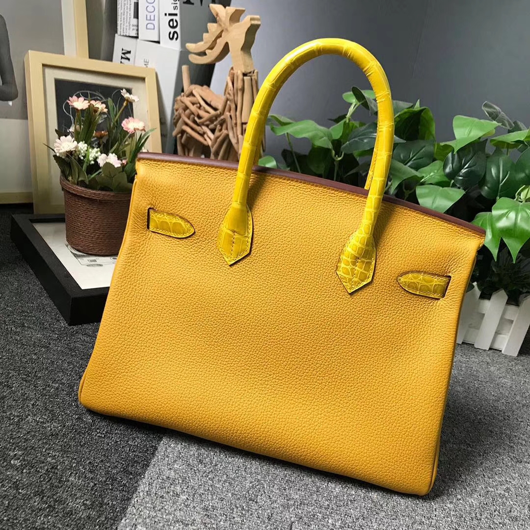 Hermès（爱马仕）9D琥珀黄 原厂御用顶级小牛皮拼鳄鱼皮 Birkin 30 金扣