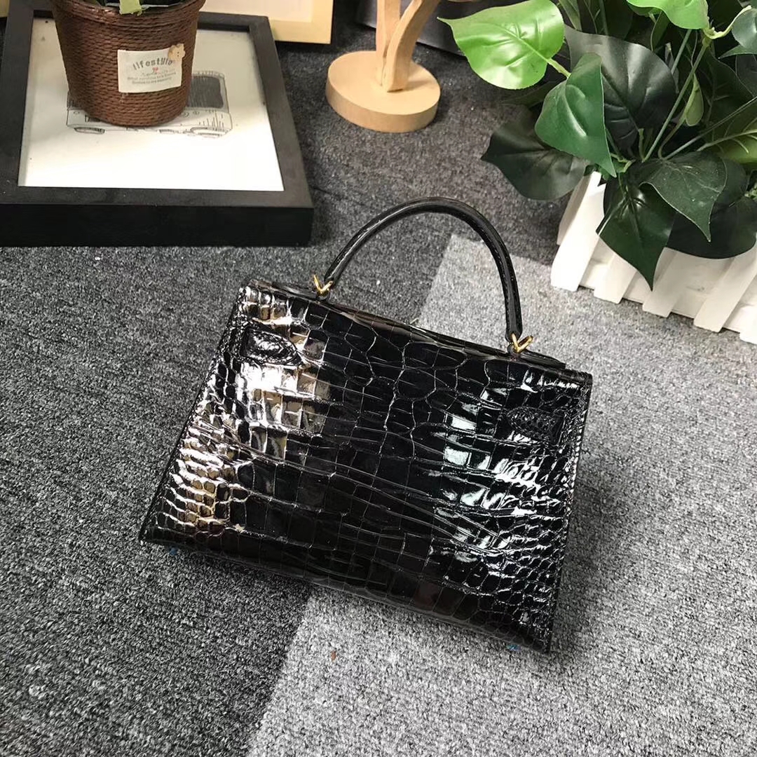 Hermès（爱马仕）黑色 原厂御用顶级鳄鱼皮 Mini Kelly 二代 金扣