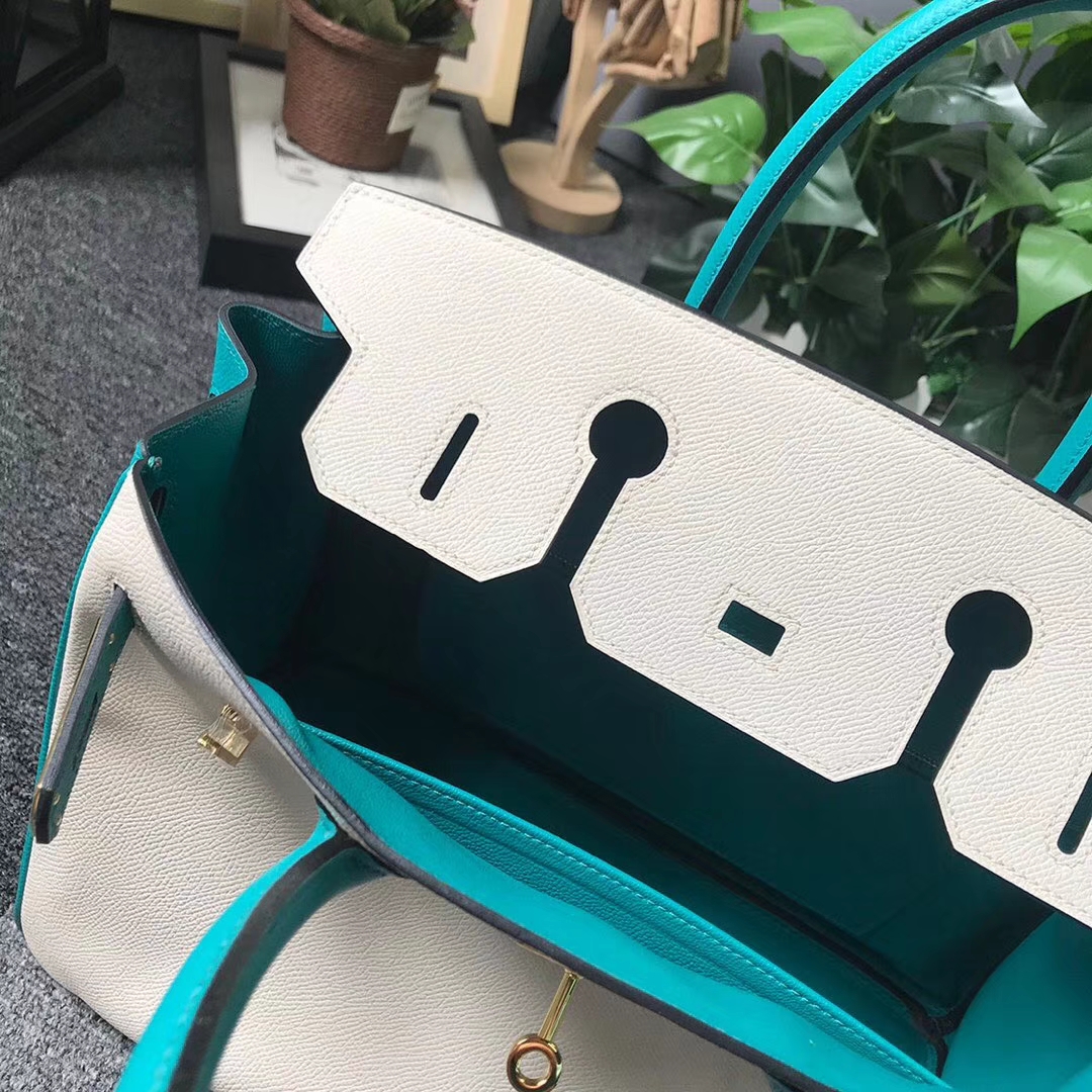 Hermès（爱马仕）奶昔白拼7F孔雀蓝 原厂御用顶级Epsom 皮 Birkin 30 金扣