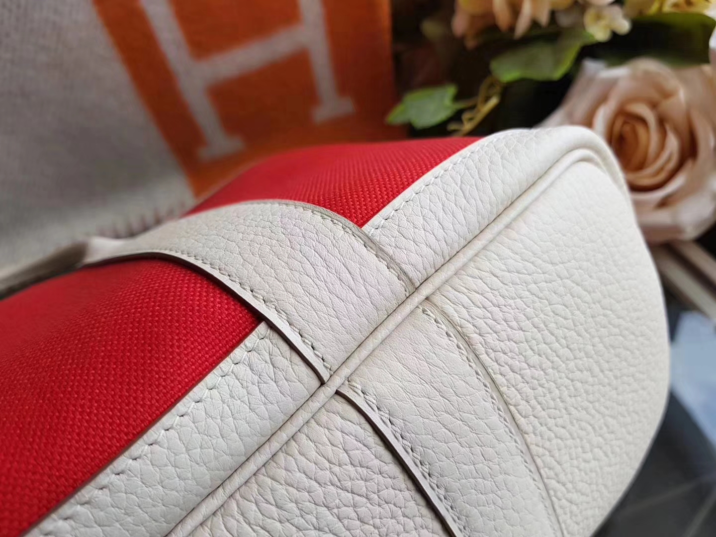 Hermès（爱马仕）Garden Party 花园包 帆布拼牛皮 s5番茄红拼奶昔白 30Cm
