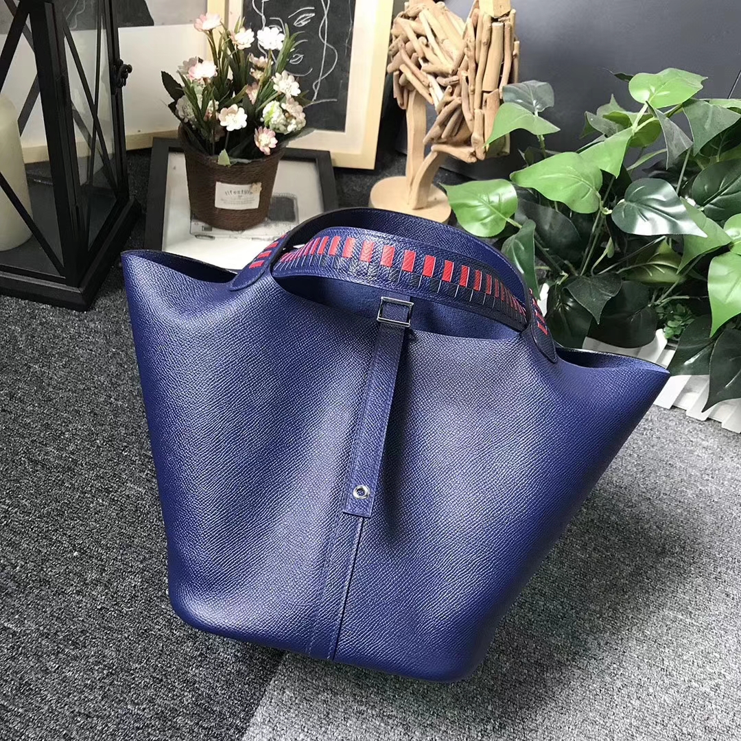 Hermès（爱马仕）7K宝石蓝 编织手腕 原厂御用顶级Epsom 皮 Picotin  Lock 22cm 银扣