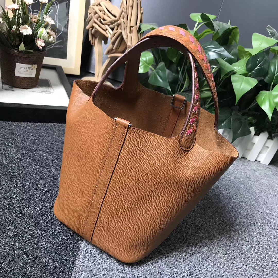 Hermès（爱马仕）C37 金棕色 粉橙编织手腕 原厂御用顶级Epsom 皮 Picotin  Lock 18cm 银扣