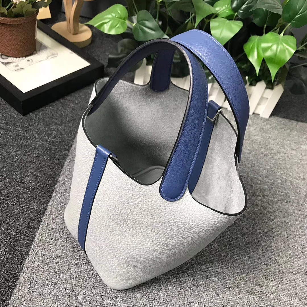 Hermès（爱马仕）海鸥灰拼玛瑙蓝 原厂御用顶级TC 皮 Picotin  Lock 18cm 银扣