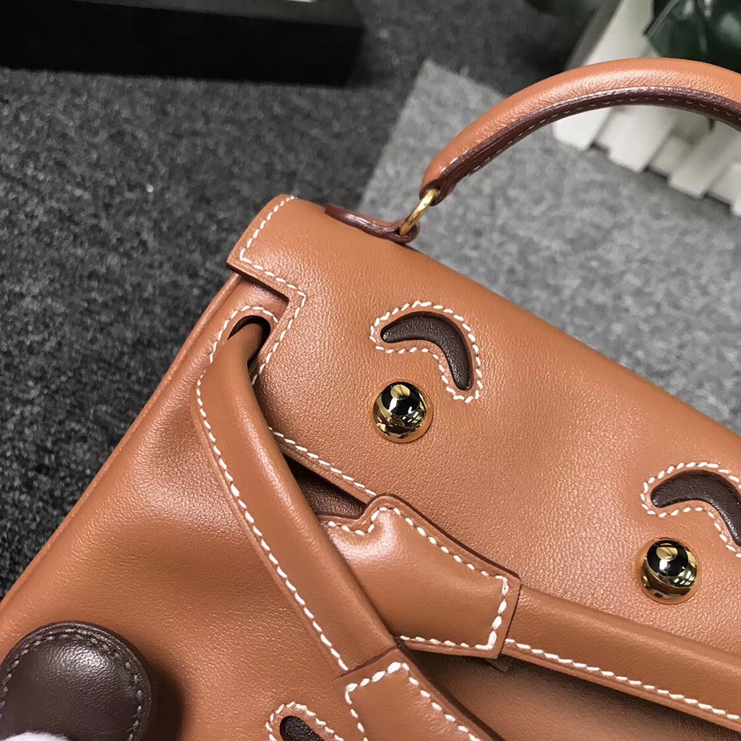 Hermès（爱马仕）金棕拼咖啡 原厂御用顶级Swift 皮 Kelly doll  金扣 现货