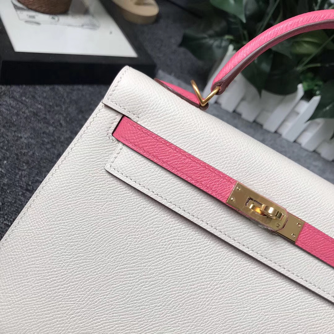 Hermès（爱马仕）奶昔白拼8W新唇膏粉 原厂御用顶级Epsom 皮 Kelly 25 外缝 拉丝金扣