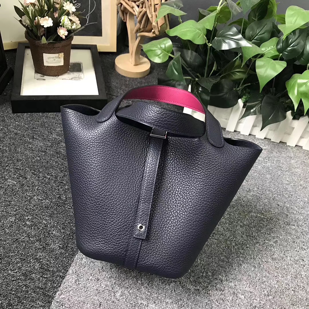 Hermès（爱马仕）午夜蓝拼玫瑰紫 原厂御用顶级TC 皮 Picotin  Lock 18cm 银扣
