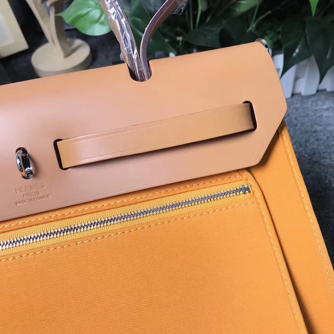 Hermès（爱马仕）金棕色马鞍皮拼橙色帆布 Herbag 31 现货
