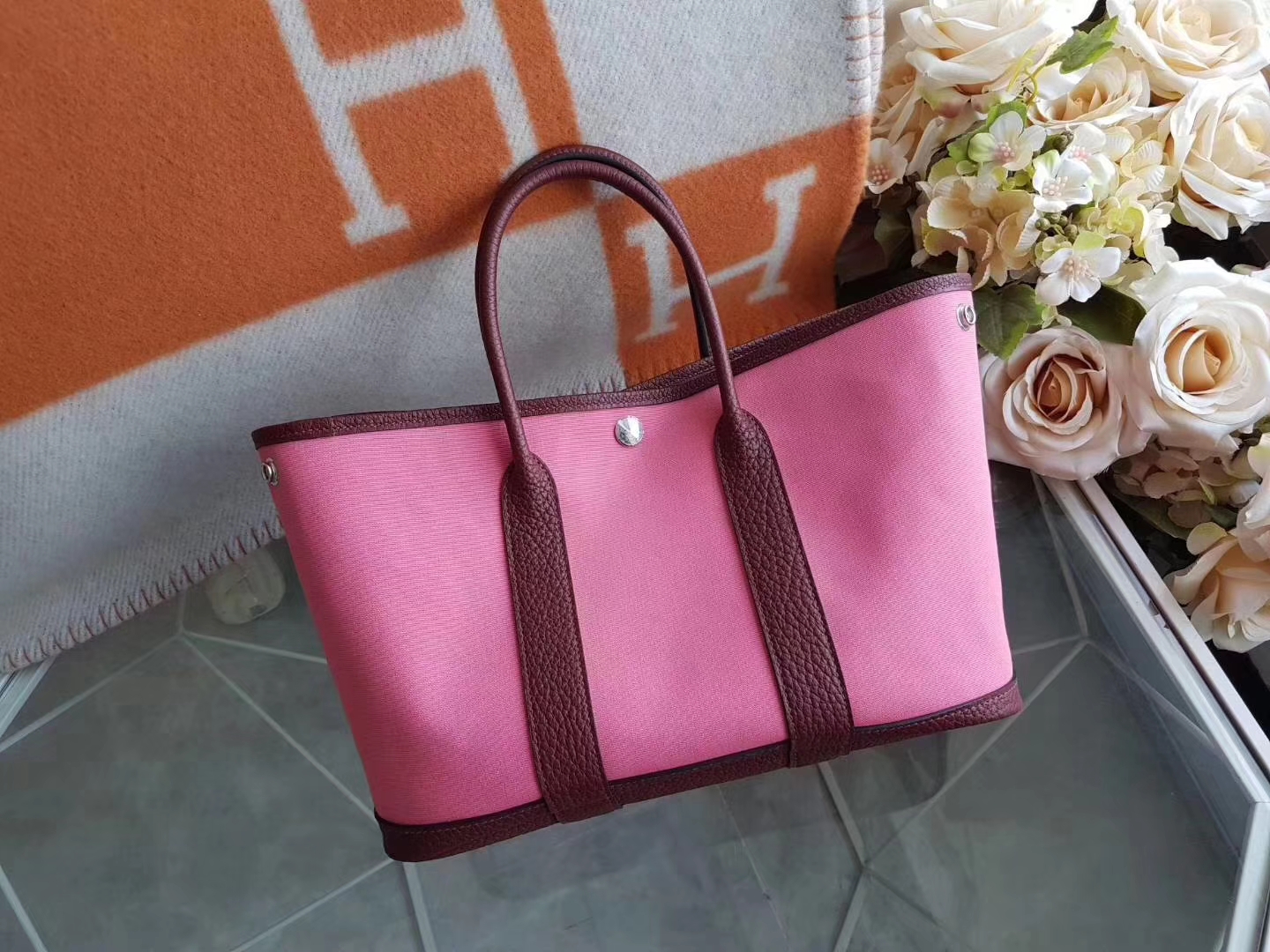 Hermès（爱马仕）Garden Party 花园包 帆布拼牛皮 8w新唇膏粉拼爱马仕红 30Cm